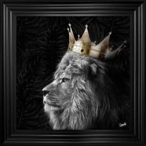 Lion King Framed Artwork featuring a Lion in a modern monotone style by © Greavesy in a Matt Black Frame