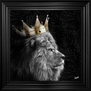 Lion King Framed Artwork featuring a Lion in a modern monotone style by © Greavesy in a Matt Black Frame