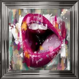 © Greavesy Framed Artwork featuring Red Lips in a modern impressionist style, close up gun metal frame