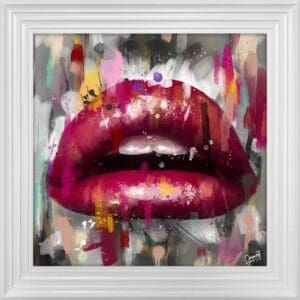 © Greavesy Framed Artwork featuring Red Lips in a modern impressionist style, close up white frame